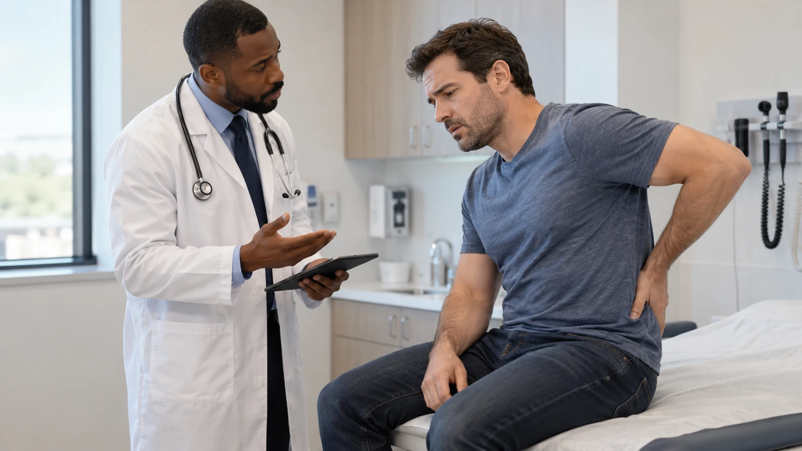 Imagem ilustrativa de consulta médica para dor lombar e cálculo renal